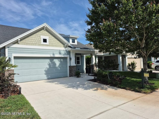 107 Park Lake Dr, Ponte Vedra, FL 32081 - craftsman house with driveway, an attached garage, roof with shingles, and brick siding