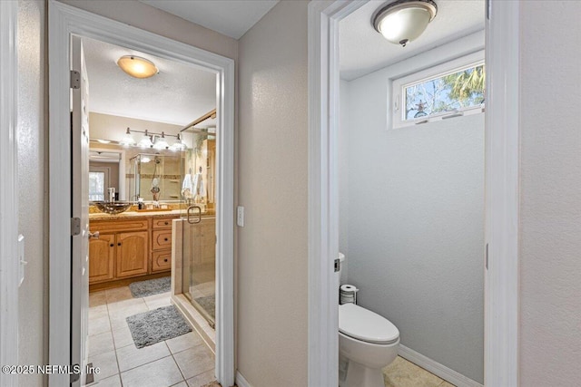 1418 Palm St NE, Steinhatchee, FL 32359 - bathroom with a stall shower, vanity, tile patterned floors, toilet, and a textured wall