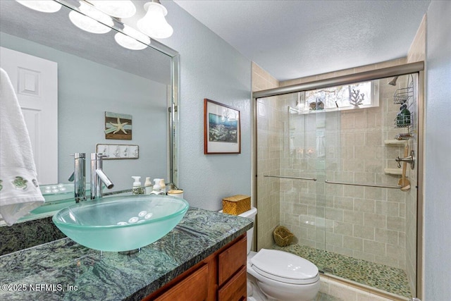1418 Palm St NE, Steinhatchee, FL 32359 - bathroom with a shower stall, toilet, vanity, a textured ceiling, and a textured wall