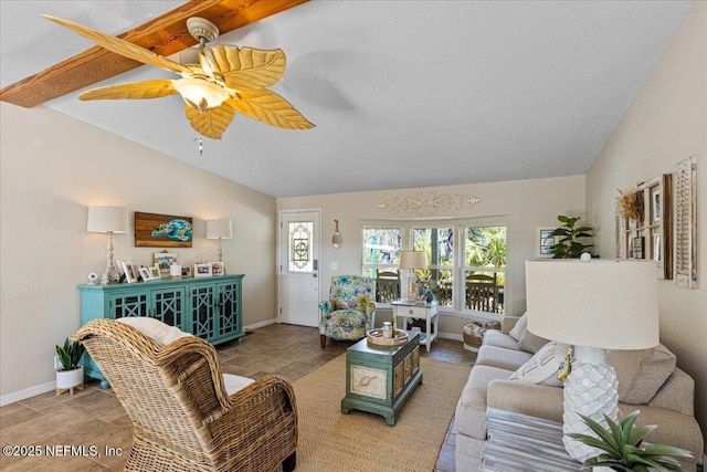 1418 Palm St NE, Steinhatchee, FL 32359 - living room featuring lofted ceiling, baseboards, and a ceiling fan