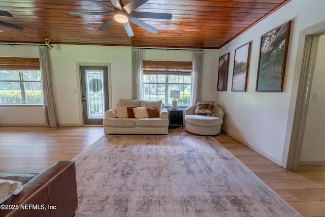 1525 E Call St, Starke, FL 32091 - living room featuring ceiling fan, light wood-style floors, wood ceiling, and baseboards