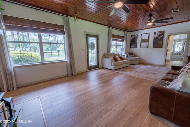 1525 E Call St, Starke, FL 32091 - living area with a ceiling fan, wooden ceiling, light wood finished floors, and baseboards