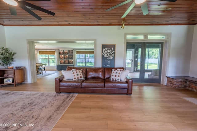 1525 E Call St, Starke, FL 32091 - living area with ceiling fan, french doors, wood ceiling, crown molding, and wood finished floors