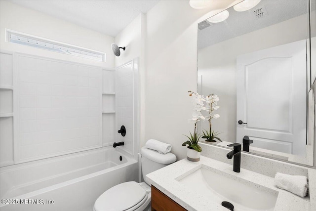 full bath featuring  shower combination, toilet, and vanity