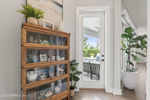 doorway to outside featuring baseboards and wood finished floors