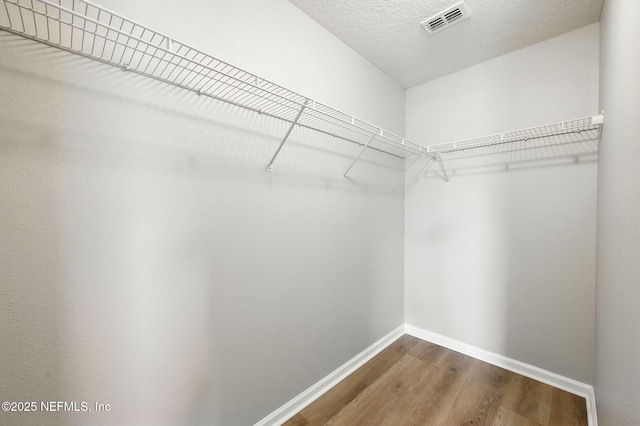 walk in closet with dark wood-style floors
