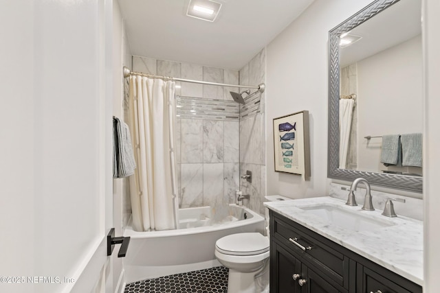 full bath featuring toilet, shower / bathtub combination with curtain, vanity, and tile patterned floors