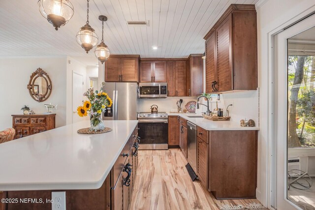 120 Swallow Rd, Saint Augustine, FL 32086 - kitchen featuring appliances with stainless steel finishes, light countertops, light wood-style flooring, a sink, and decorative light fixtures
