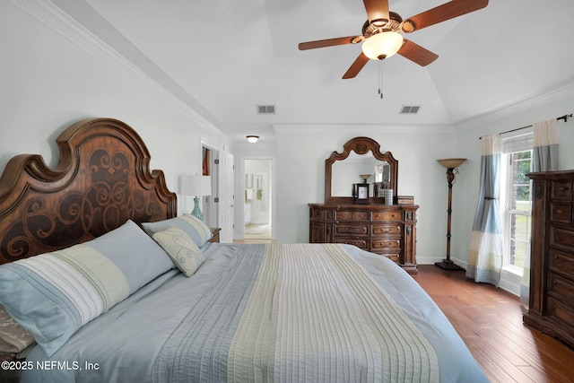 2072 Hawkcrest Dr E, Saint Johns, FL 32259 - bedroom with wood finished floors, lofted ceiling, ornamental molding, baseboards, and a ceiling fan