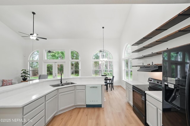 2012 Belle Grove Ter, Fleming Island, FL 32003 - kitchen featuring black appliances, a sink, open shelves, light wood-style flooring, and light countertops