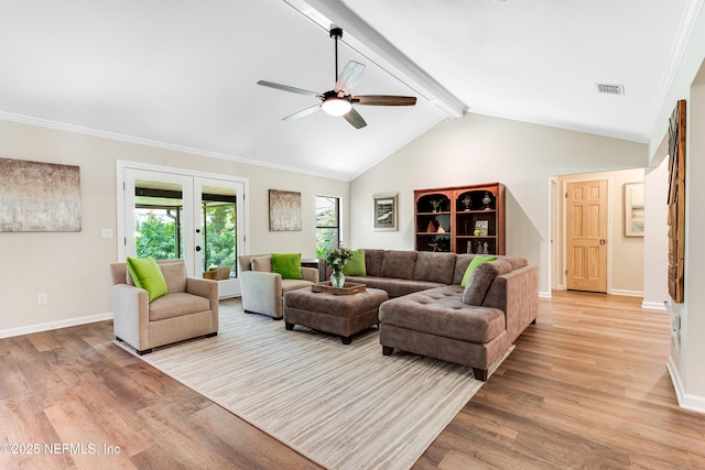 1835 Powder Springs Dr, Jacksonville, FL 32225 - living area featuring light wood-type flooring, ceiling fan, french doors, and crown molding