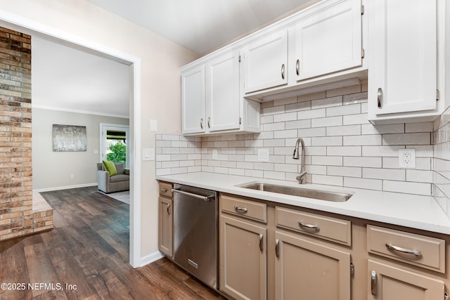 1835 Powder Springs Dr, Jacksonville, FL 32225 - kitchen with dishwasher, dark wood finished floors, light countertops, backsplash, and crown molding