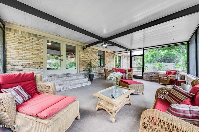 1835 Powder Springs Dr, Jacksonville, FL 32225 - sunroom featuring french doors, beamed ceiling, outdoor lounge area, ceiling fan, and healthy amount of natural light