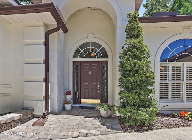 doorway to property featuring stucco siding