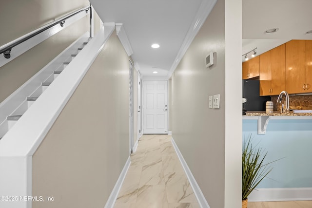 2100 Ocean Dr Unit Ph-2, Jacksonville Beach, FL 32250 - corridor featuring light marble finish floors, recessed lighting, and ornamental molding