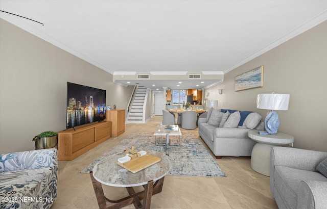 2100 Ocean Dr Unit Ph-2, Jacksonville Beach, FL 32250 - living room with ornamental molding, stairs, and recessed lighting
