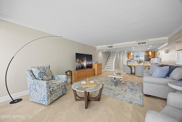 2100 Ocean Dr Unit Ph-2, Jacksonville Beach, FL 32250 - tiled living area featuring ornamental molding and stairway