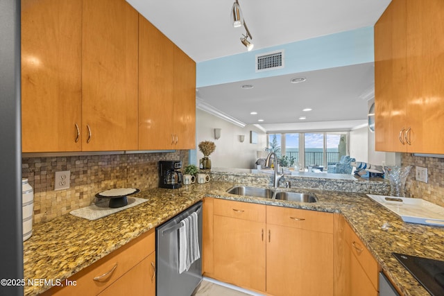 2100 Ocean Dr Unit Ph-2, Jacksonville Beach, FL 32250 - kitchen featuring stainless steel dishwasher, stone counters, backsplash, black electric cooktop, and ornamental molding