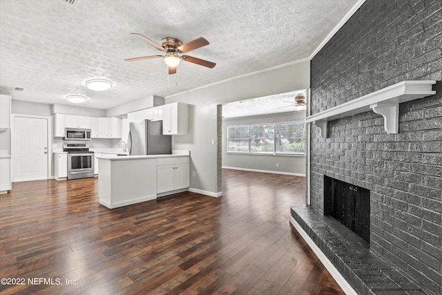 5092 Harvey Grant Rd, Fleming Island, FL 32003 - kitchen with stainless steel appliances, a ceiling fan, a fireplace, a textured ceiling, and white cabinets