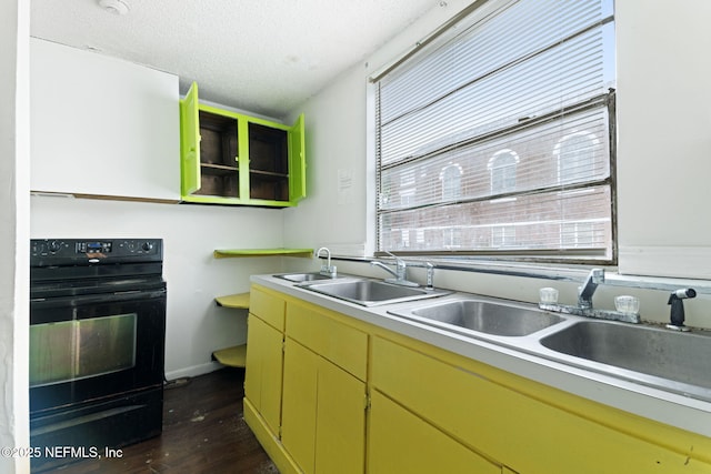 1403 Myrtle Ave N, Jacksonville, FL 32209 - kitchen with black / electric stove, yellow cabinets, dark wood-style floors, a sink, and light countertops