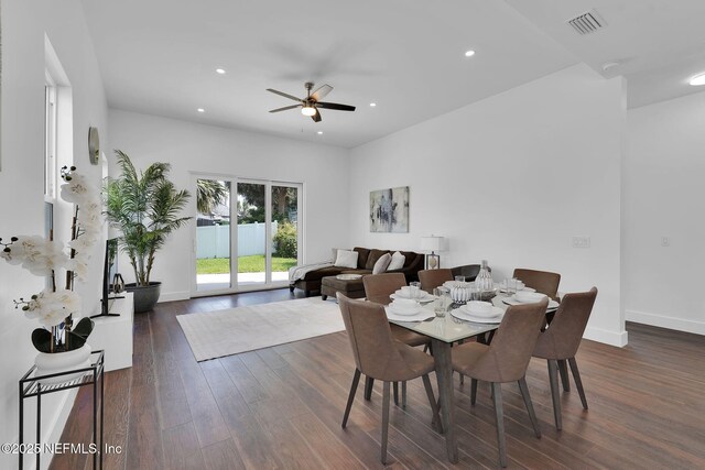 156 Capri Dr, Ormond Beach, FL 32176 - dining room with recessed lighting, dark wood-type flooring, a ceiling fan, and baseboards