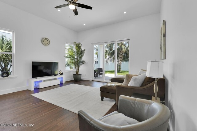 156 Capri Dr, Ormond Beach, FL 32176 - living room with ceiling fan, dark wood-type flooring, recessed lighting, and baseboards