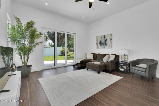 156 Capri Dr, Ormond Beach, FL 32176 - living room with a ceiling fan, dark wood-style flooring, recessed lighting, and baseboards