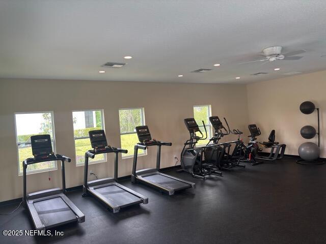 172 Reena Dr, Daytona Beach, FL 32117 - exercise room featuring plenty of natural light, ceiling fan, and recessed lighting