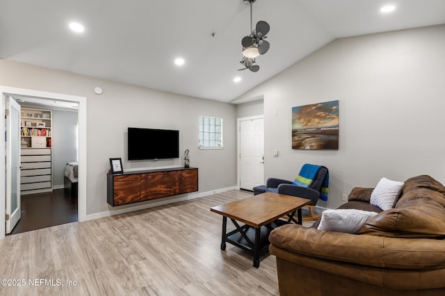living area featuring lofted ceiling, stairway, recessed lighting, light wood-style floors, and baseboards
