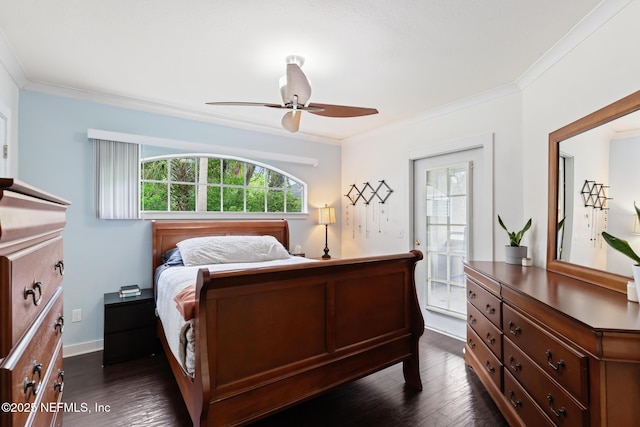 bedroom with multiple windows, ornamental molding, dark wood-style flooring, and ceiling fan