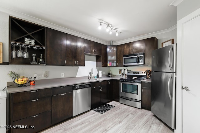 kitchen featuring stainless steel appliances, a sink, dark brown cabinetry, light wood finished floors, and light countertops