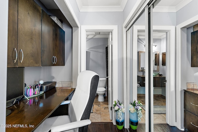 office featuring crown molding and dark wood-style floors