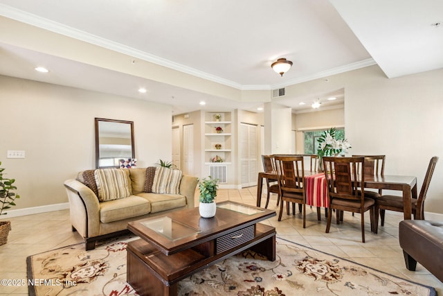 living area featuring light tile patterned floors, crown molding, baseboards, recessed lighting, and built in shelves
