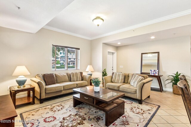 living room featuring crown molding, light tile patterned floors, recessed lighting, and baseboards