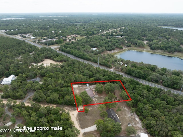 7013 Elfo Rd, Keystone Heights, FL 32656 - aerial view of property and surrounding area with property parcel outlined, a large body of water, and a forest
