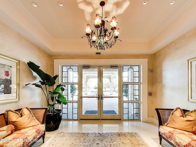 2358 Riverside Ave Unit 304, Jacksonville, FL 32204 - doorway to outside featuring french doors, recessed lighting, a chandelier, crown molding, and a tray ceiling