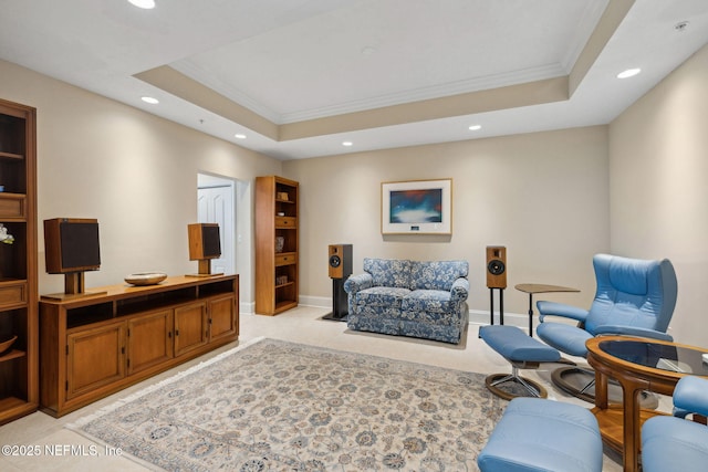 2358 Riverside Ave Unit 304, Jacksonville, FL 32204 - living area with recessed lighting, a tray ceiling, crown molding, and baseboards