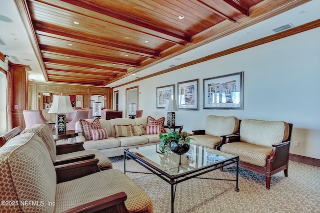 2358 Riverside Ave Unit 304, Jacksonville, FL 32204 - living area featuring wood ceiling with exposed beams, crown molding, and baseboards