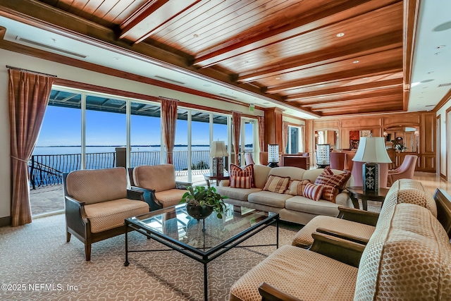 2358 Riverside Ave Unit 304, Jacksonville, FL 32204 - living room with wooden ceiling with exposed beams, a water view, and carpet floors