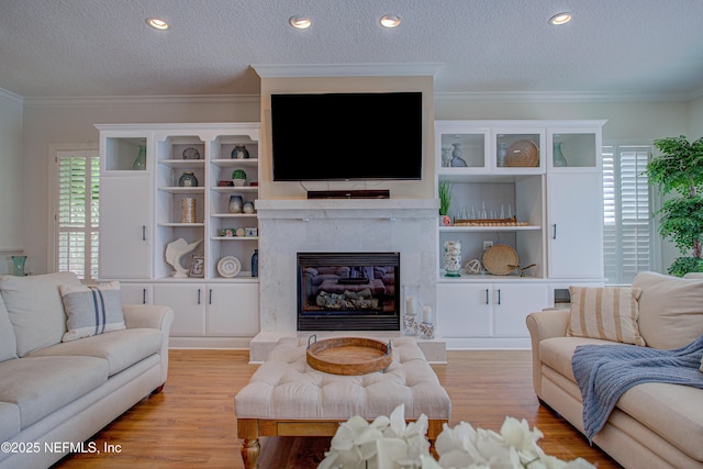 9155 June Ln, Saint Augustine Beach, FL 32080 - living area with light wood-type flooring, healthy amount of natural light, a textured ceiling, ornamental molding, and a fireplace