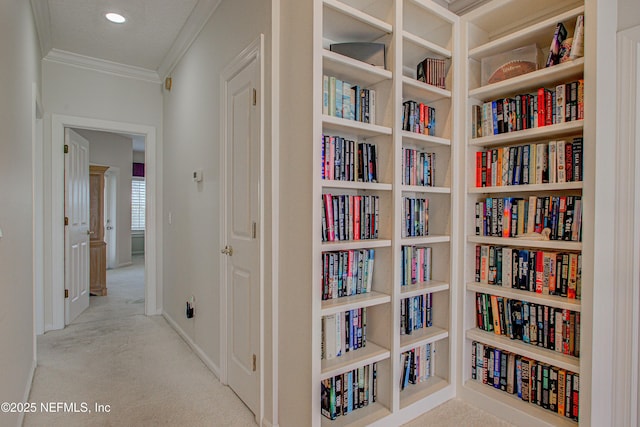 9155 June Ln, Saint Augustine Beach, FL 32080 - hallway featuring crown molding, carpet flooring, and baseboards