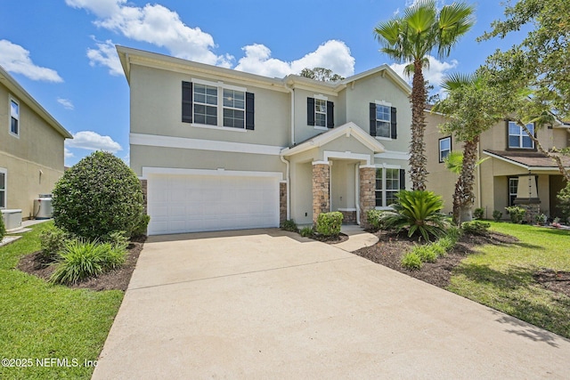 1466 Oldenburg Dr, Jacksonville, FL 32218 - traditional-style home with an attached garage, concrete driveway, stone siding, and stucco siding