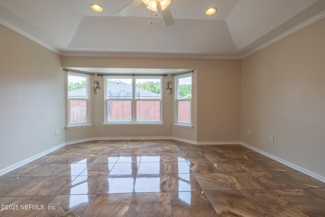 1413 Heather Ct, Saint Augustine, FL 32092 - unfurnished room with a tray ceiling, baseboards, a ceiling fan, crown molding, and recessed lighting