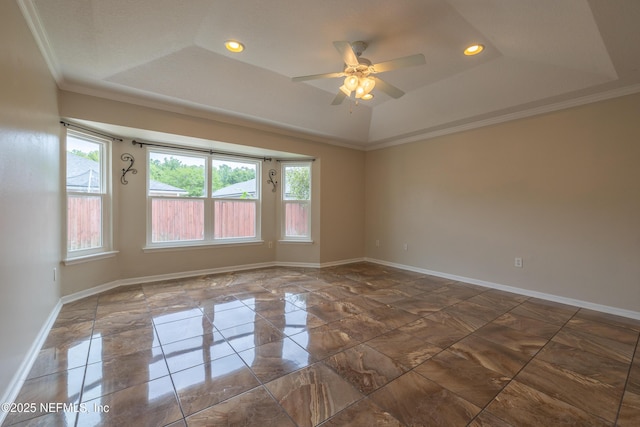 1413 Heather Ct, Saint Augustine, FL 32092 - spare room with a raised ceiling, a ceiling fan, baseboards, ornamental molding, and recessed lighting