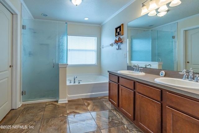 1413 Heather Ct, Saint Augustine, FL 32092 - bathroom with crown molding, a bath, a stall shower, double vanity, and a chandelier