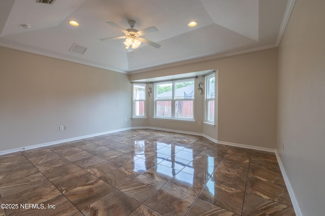 1413 Heather Ct, Saint Augustine, FL 32092 - unfurnished room with a raised ceiling, marble finish floors, crown molding, baseboards, and a ceiling fan