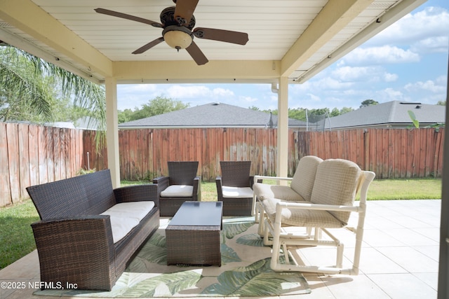 1413 Heather Ct, Saint Augustine, FL 32092 - view of patio / terrace featuring an outdoor living space, a fenced backyard, and a ceiling fan