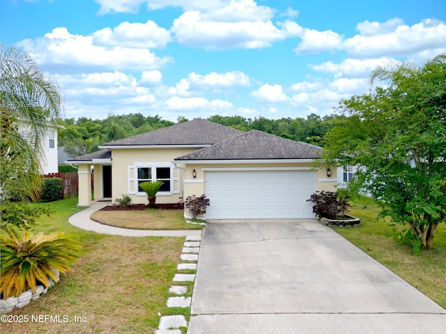 1413 Heather Ct, Saint Augustine, FL 32092 - view of front facade with stucco siding, a garage, a shingled roof, and concrete driveway