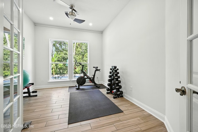 2919 Brettungar Dr, Jacksonville, FL 32224 - exercise room featuring a ceiling fan, wood finished floors, and recessed lighting