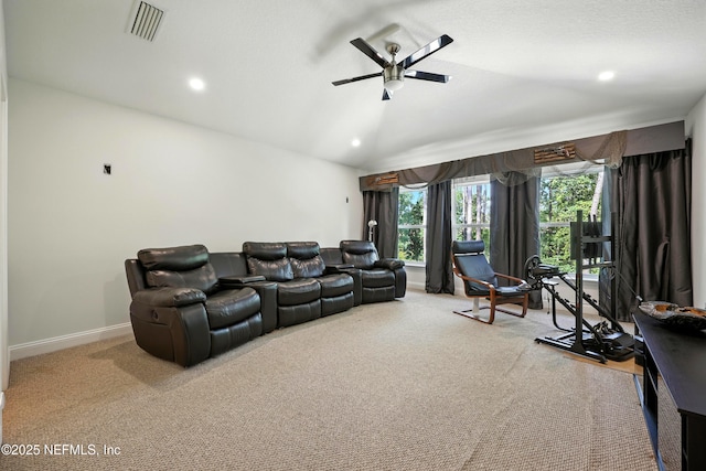 2919 Brettungar Dr, Jacksonville, FL 32224 - carpeted home theater with lofted ceiling, a ceiling fan, and recessed lighting